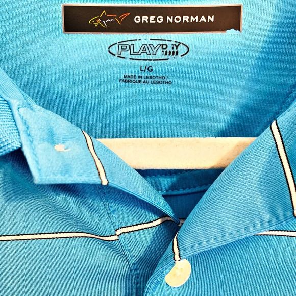 Greg Norman Play Dry Golf Shirt - Size L Large - Light Blue White Stripes Polo - Picture 3 of 4